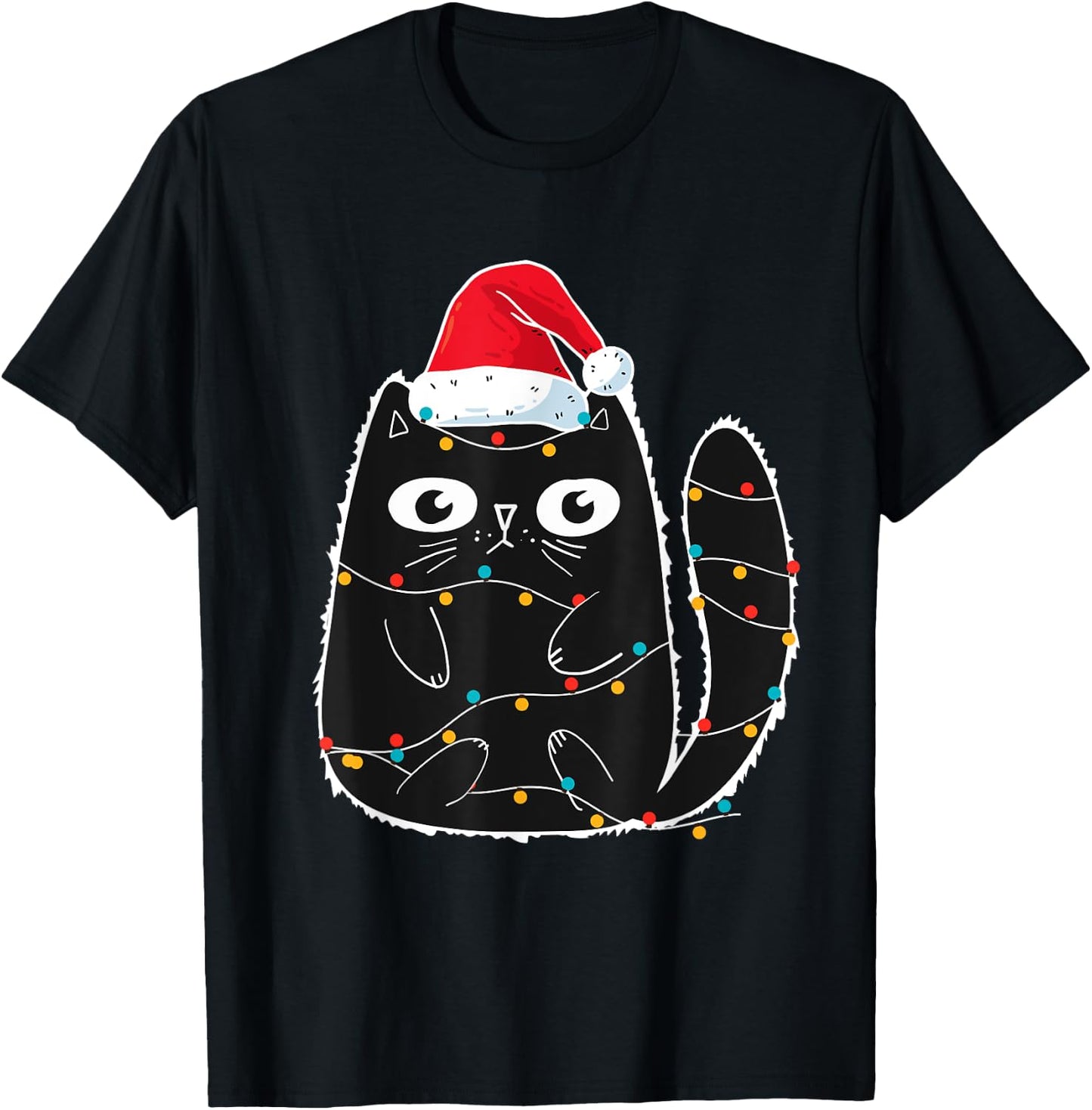 Cute Black Cat Santa Christmas Lights Meow Kitty Kitten Xmas Women Kids T-Shirt - T-Shirt | Black