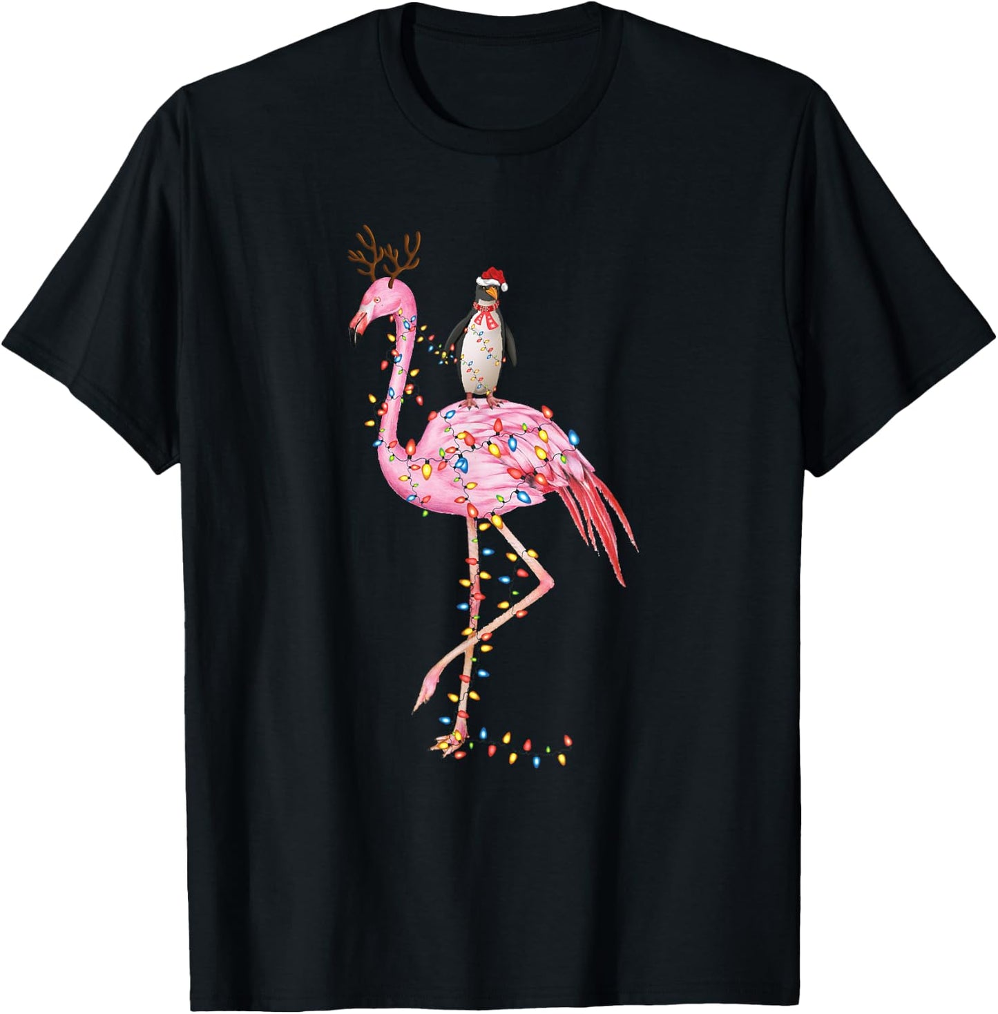 Holiday Xmas Lighting Penguin Riding Flamingo Christmas T-Shirt - T-Shirt | Black