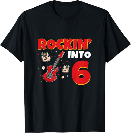 Rockin Into 6 Rockstar Guitar 6 Year Old 6th Birthday T-Shirt - T-Shirt | Black