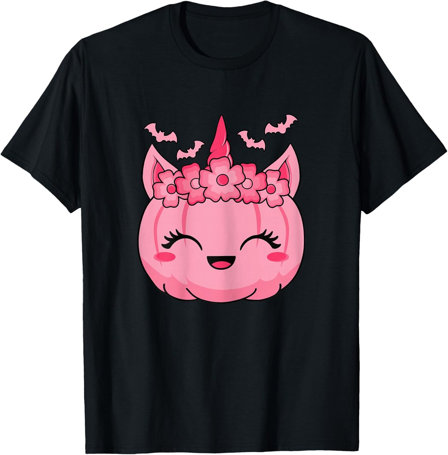 Cute Halloween Kawaii Pink Unicorn Pumpkin Women Girls Kids T-Shirt - T-Shirt | Black