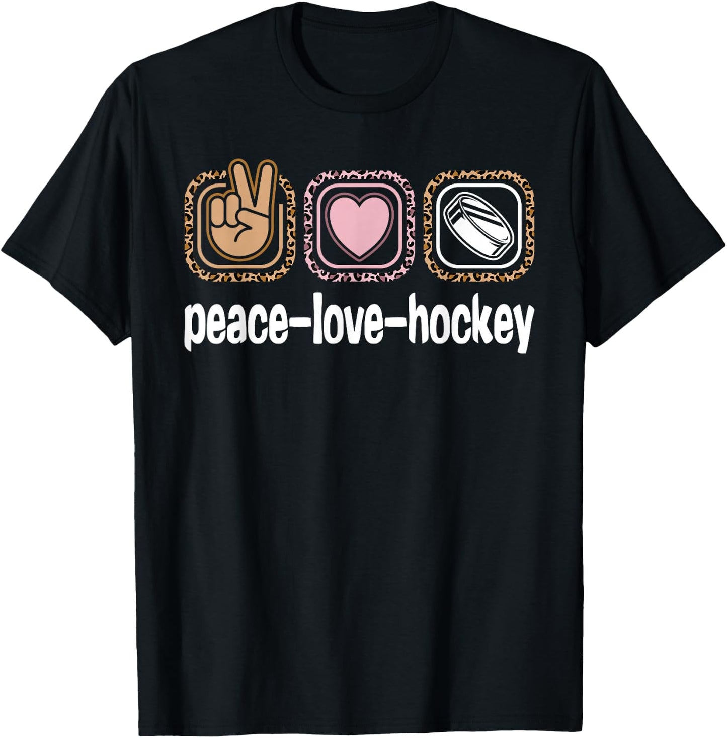 Ice Hockey Leopard Print Women Girls Kids Peace Love Hockey T-Shirt - T-Shirt | Black