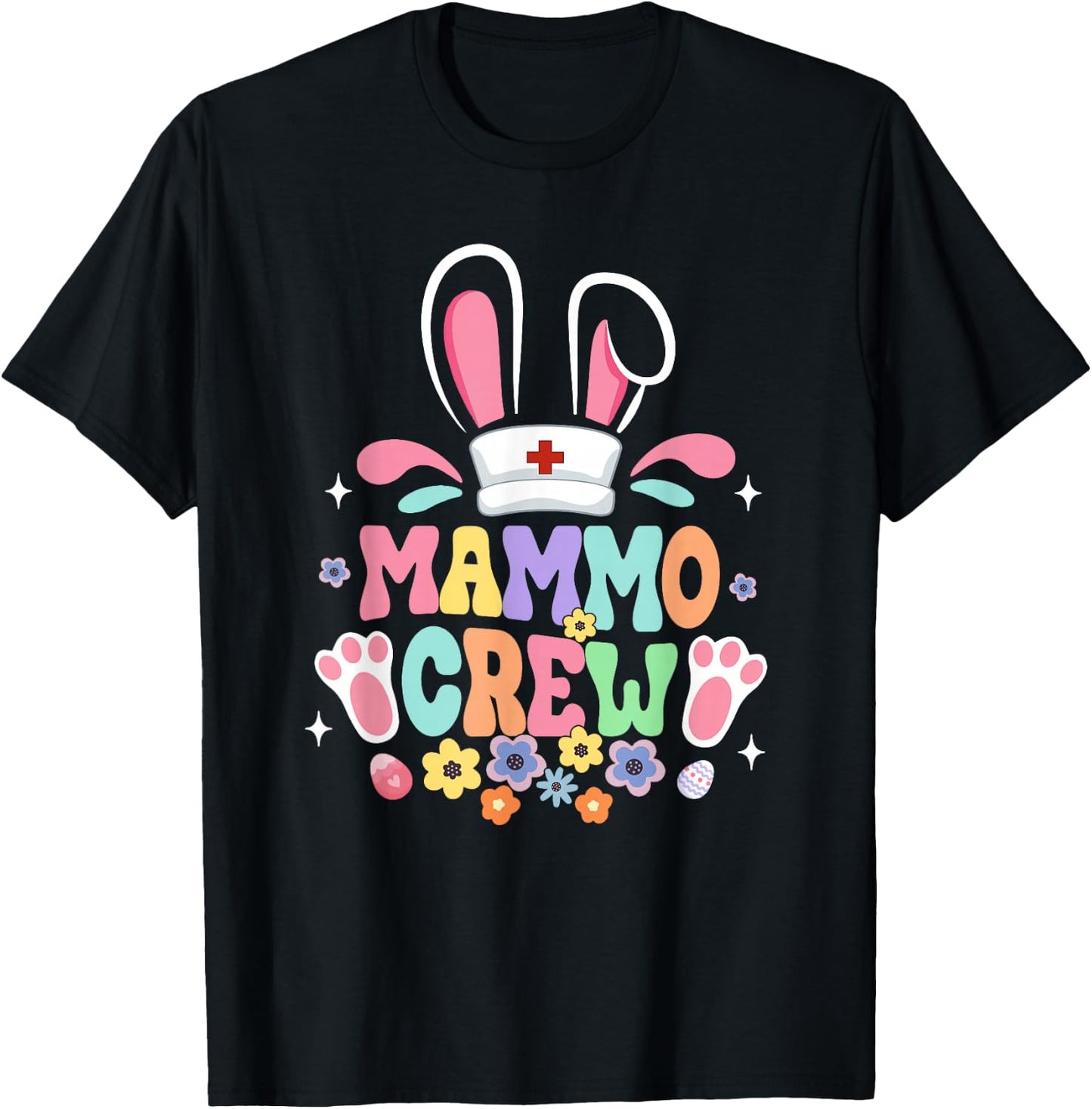 Retro Groovy Mammo Crew Mammo Tech Bunny Ear Flower Easter T-Shirt - T-Shirt | Black