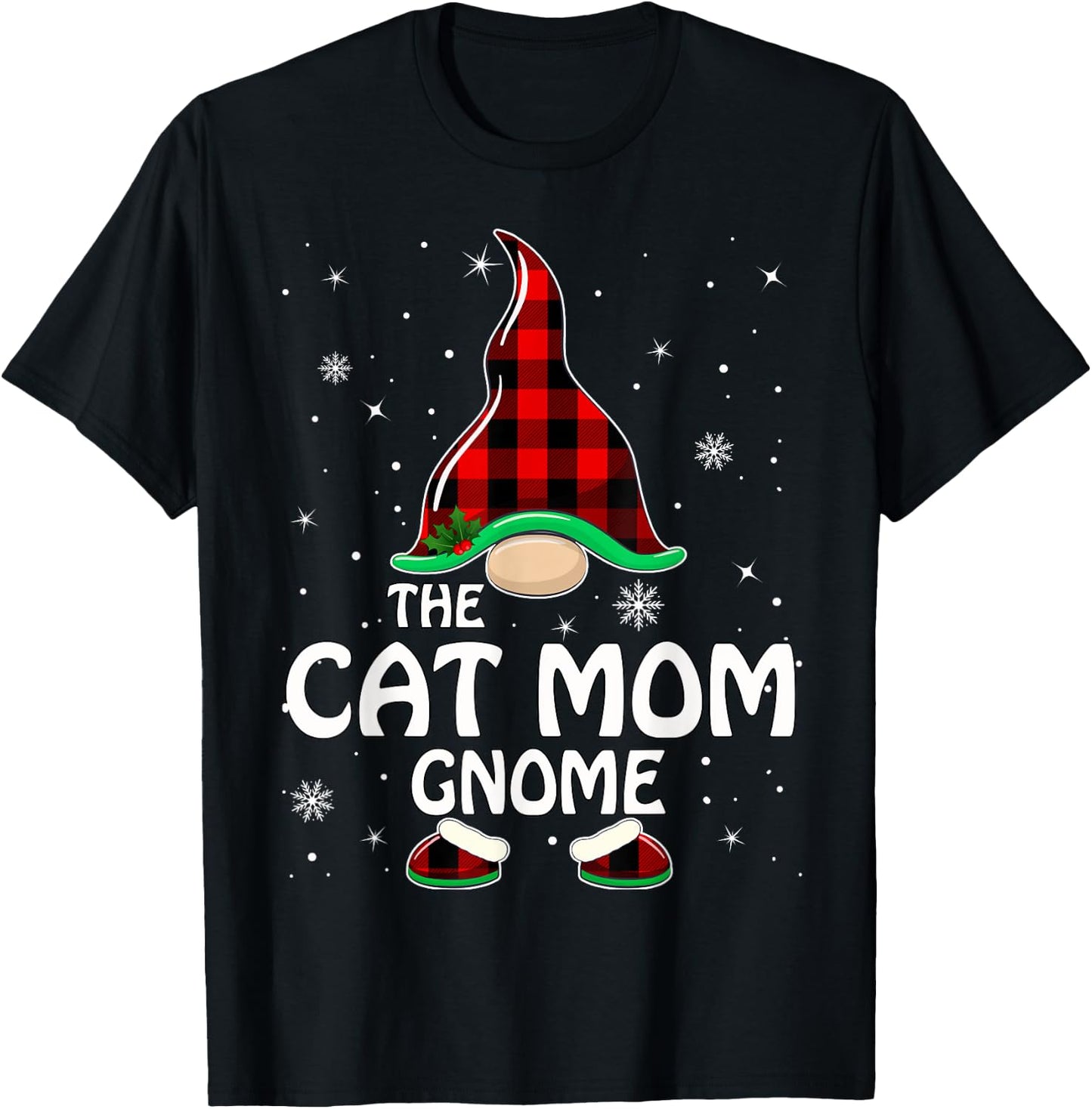 Cat Mom Gnome Buffalo Plaid Matching Family Christmas Men Women Kids T-Shirt - T-Shirt | Black
