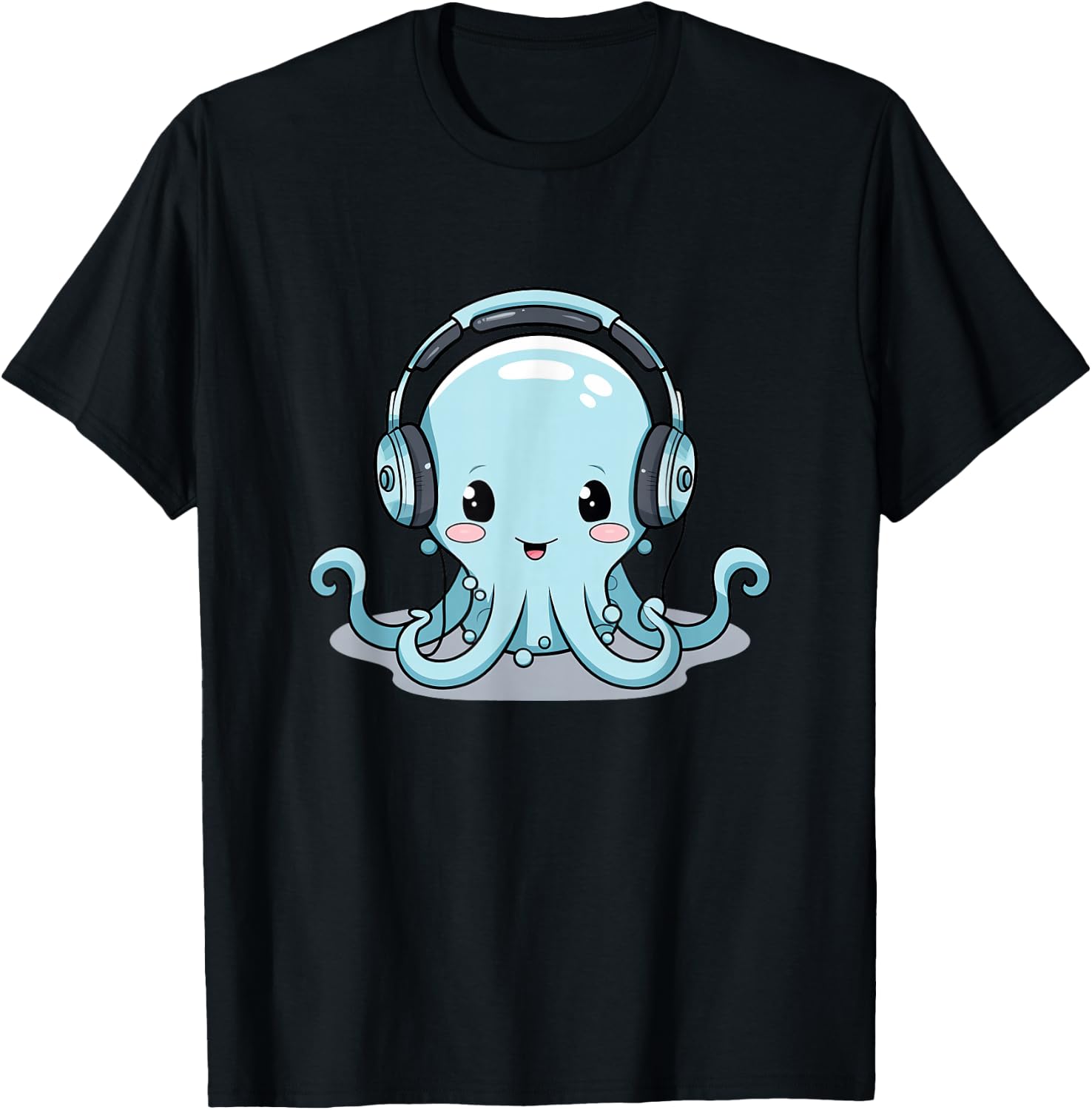 Cute Kawaii Cartoon Octopus Wearing Headphones T-Shirt - T-Shirt | Black