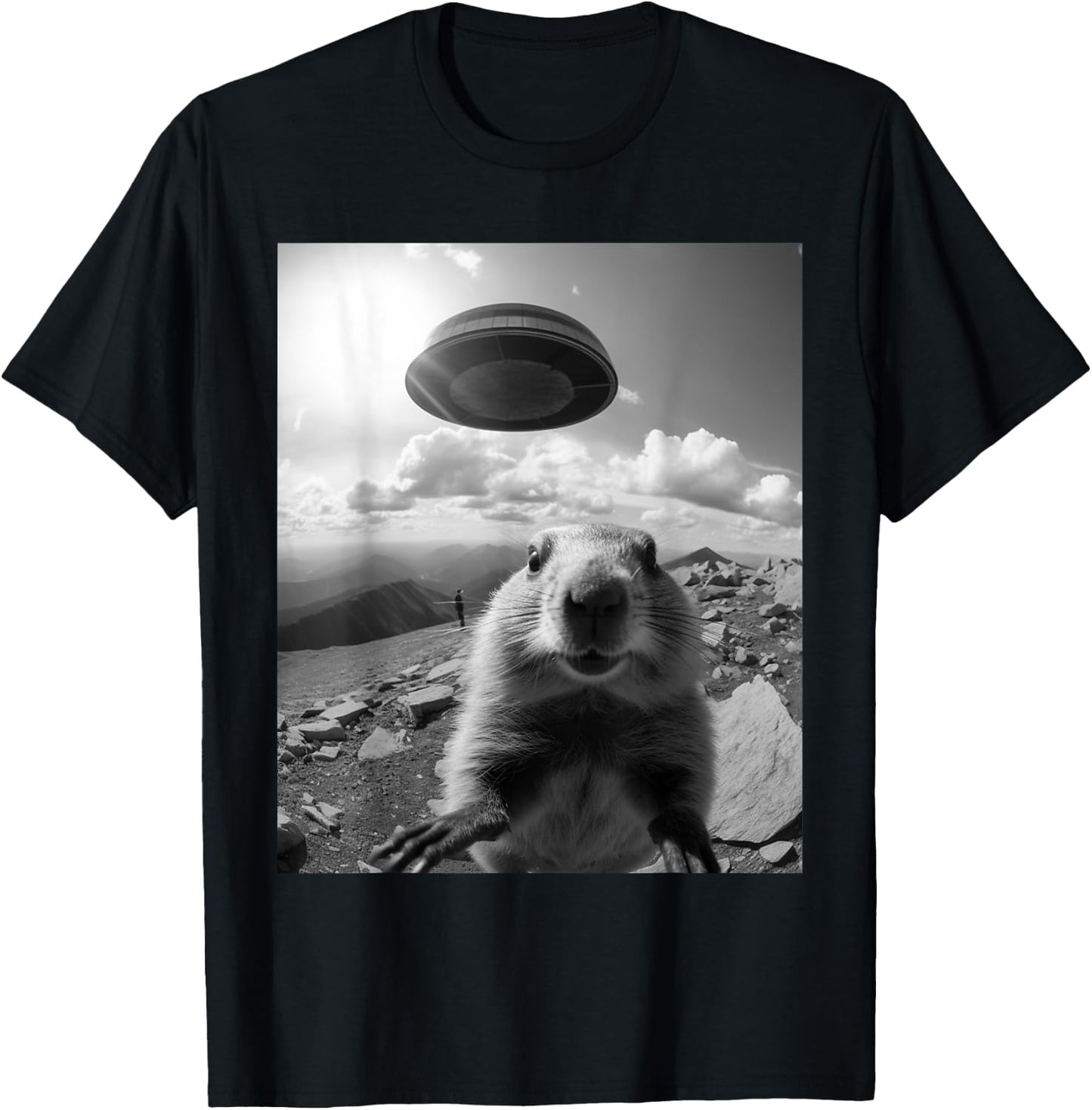 Funny marmot selfie with UFOs, funny ground squirrel T-Shirt - T-Shirt | Black
