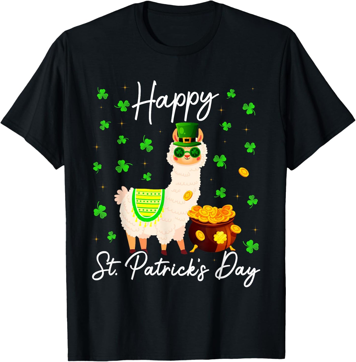 Happy St Patricks Day Cute Llama St Pattys Irish Shamrock T-Shirt - T-Shirt | Black