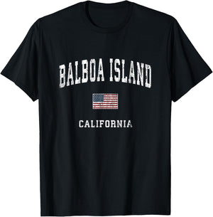 Balboa Island California CA Vintage American Flag Sports T-Shirt - T-Shirt | Black