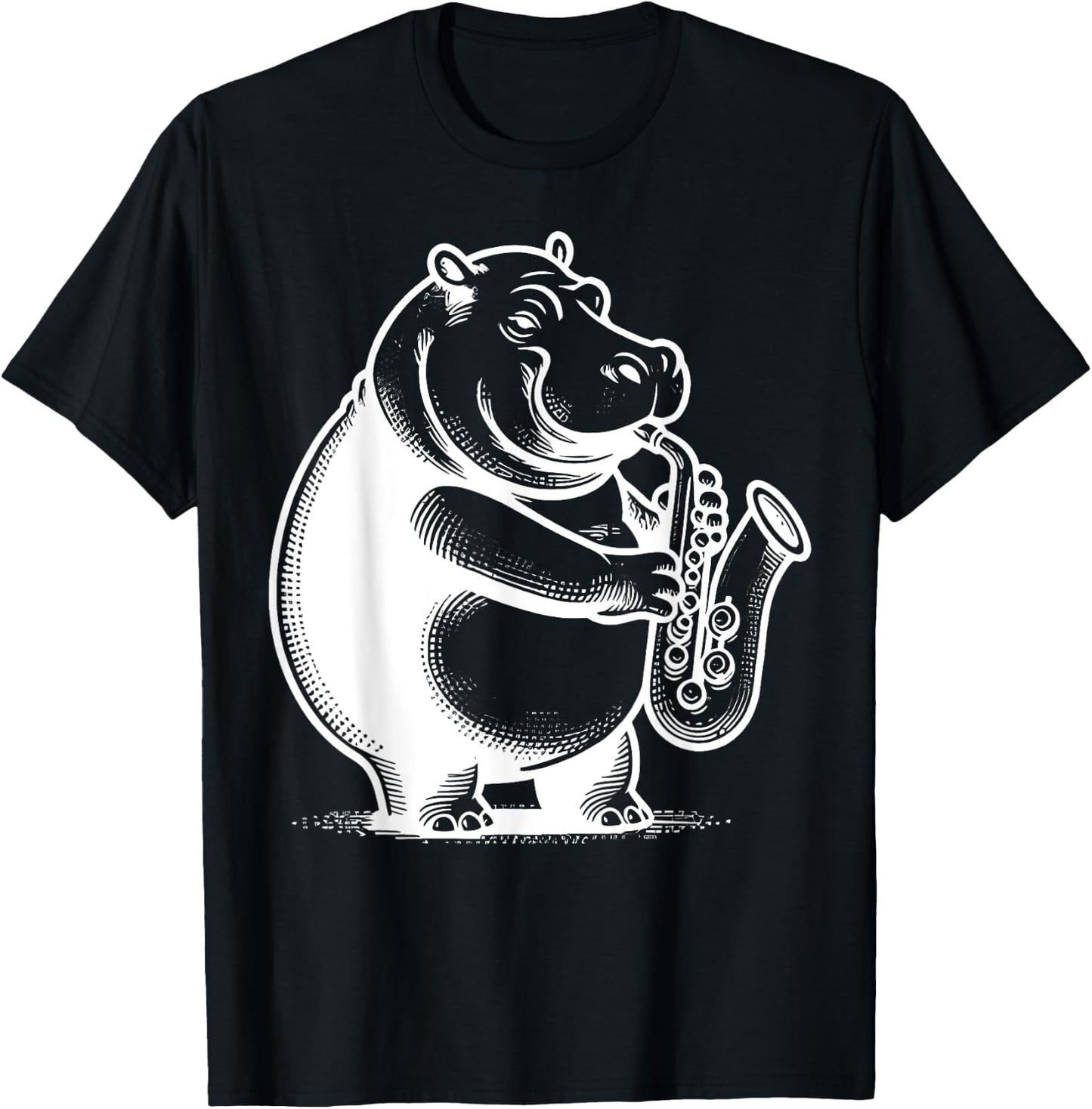 Funny Vintage Hippo Playing Saxophone Musician Animal Lovers T-Shirt - T-Shirt | Black
