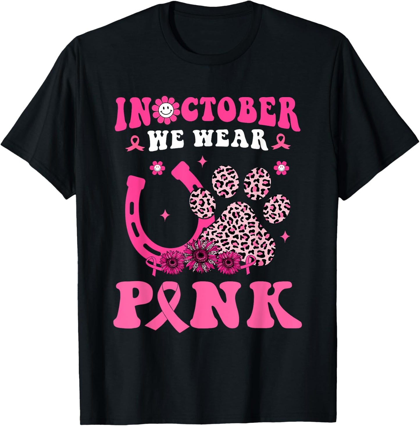 Groovy Halloween In October We Wear Pink Horseshoe & Dog Paw T-Shirt - T-Shirt | Black