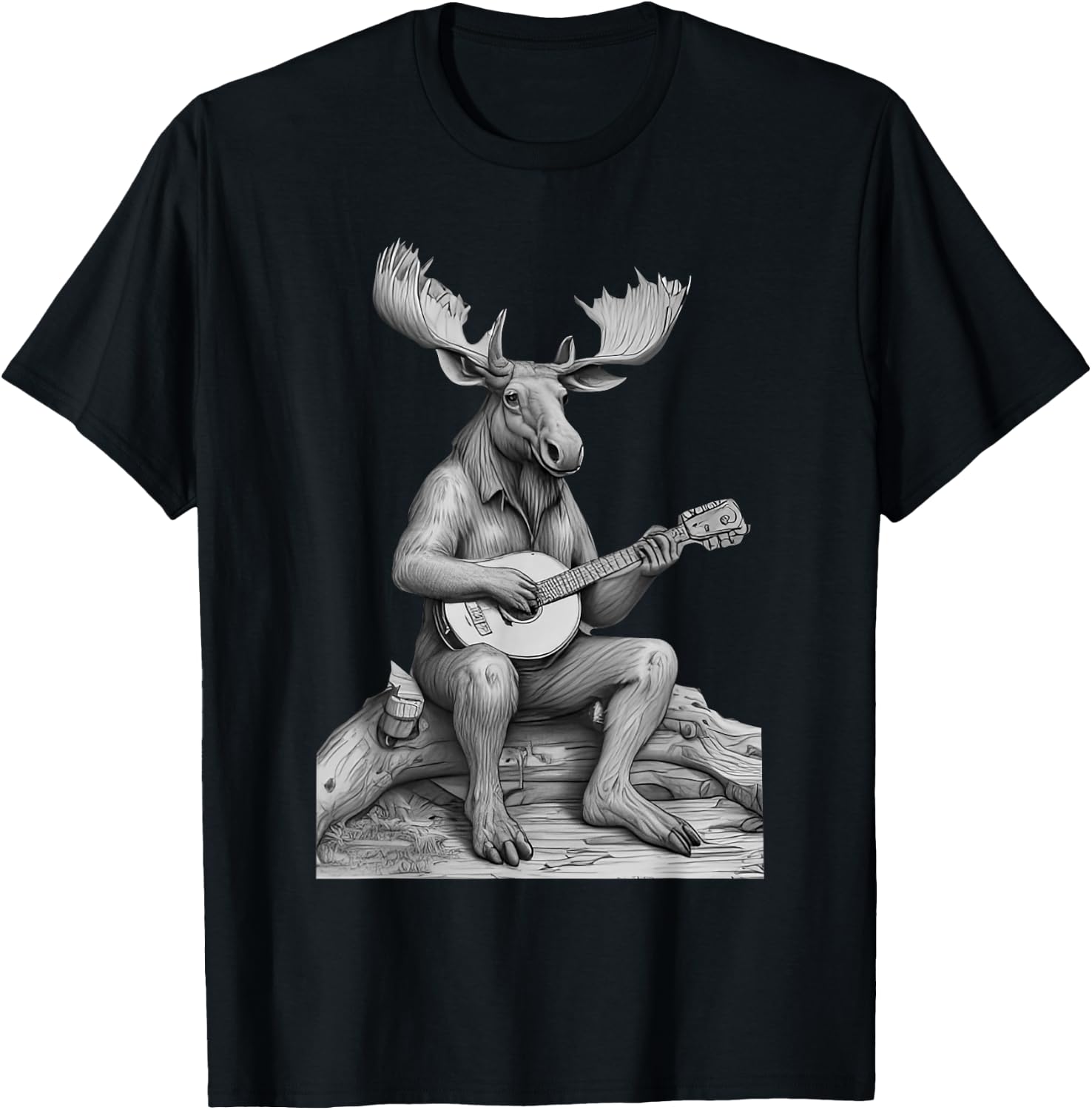 Retro Moose Playing Banjo Camping Musician Nature Lover T-Shirt - T-Shirt | Black