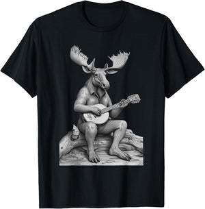 Retro Moose Playing Banjo Camping Musician Nature Lover T-Shirt - T-Shirt | Black