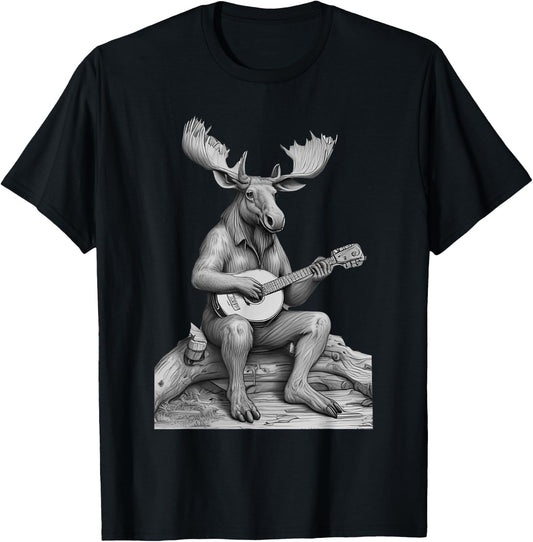 Retro Moose Playing Banjo Camping Musician Nature Lover T-Shirt - T-Shirt | Black