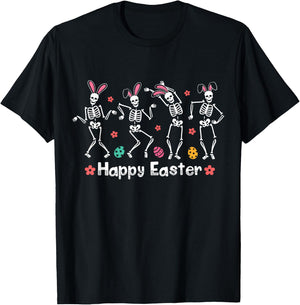 Happy Easter Funny Bunny Dancing Skeletons Easter Egg Rabbit T-Shirt - T-Shirt | Black