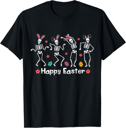 Happy Easter Funny Bunny Dancing Skeletons Easter Egg Rabbit T-Shirt - T-Shirt | Black
