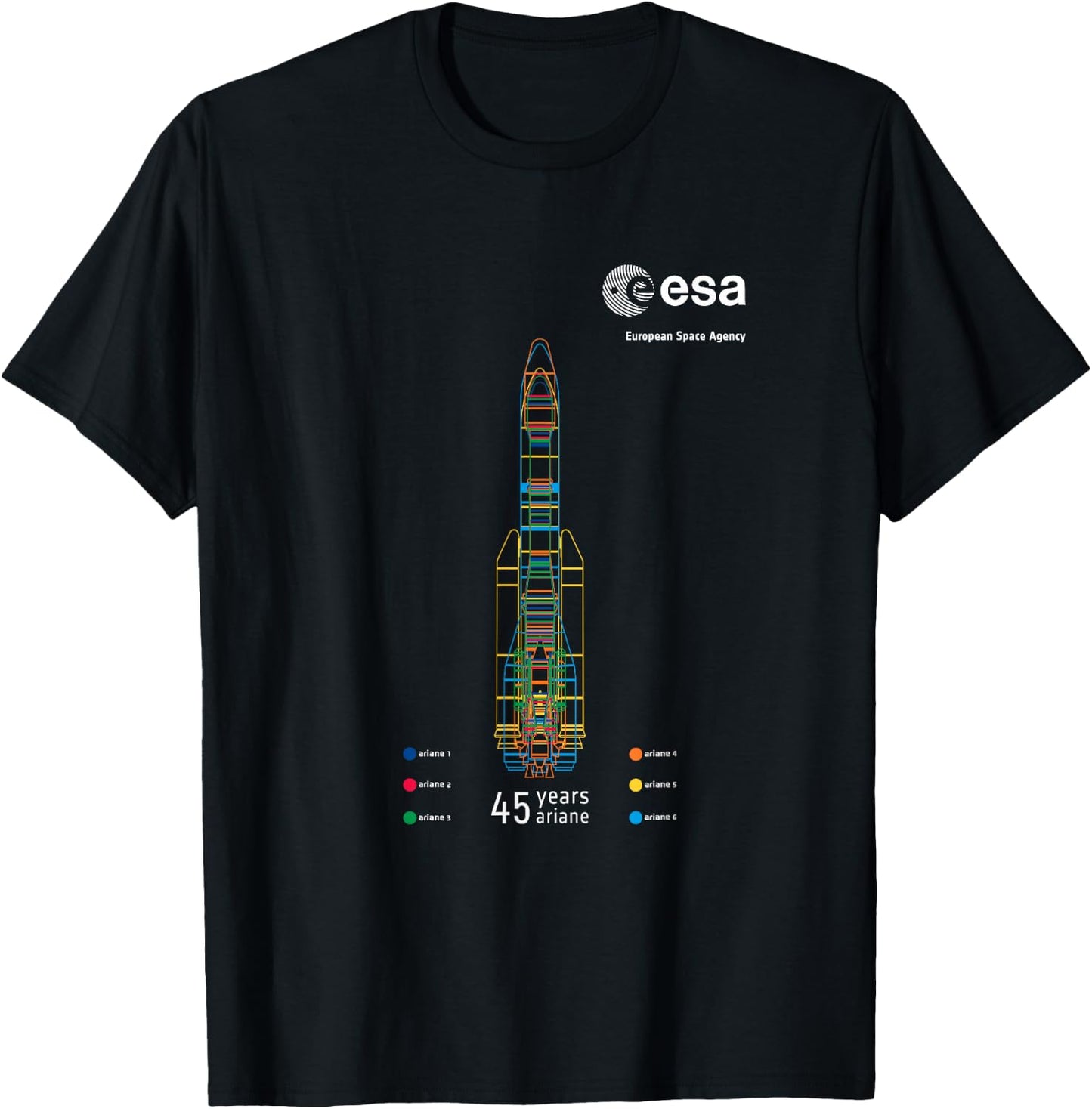 ESA European Space Agency 45 years Ariane 1-6 Rocket 1979-2024 T-Shirt - T-Shirt | Black