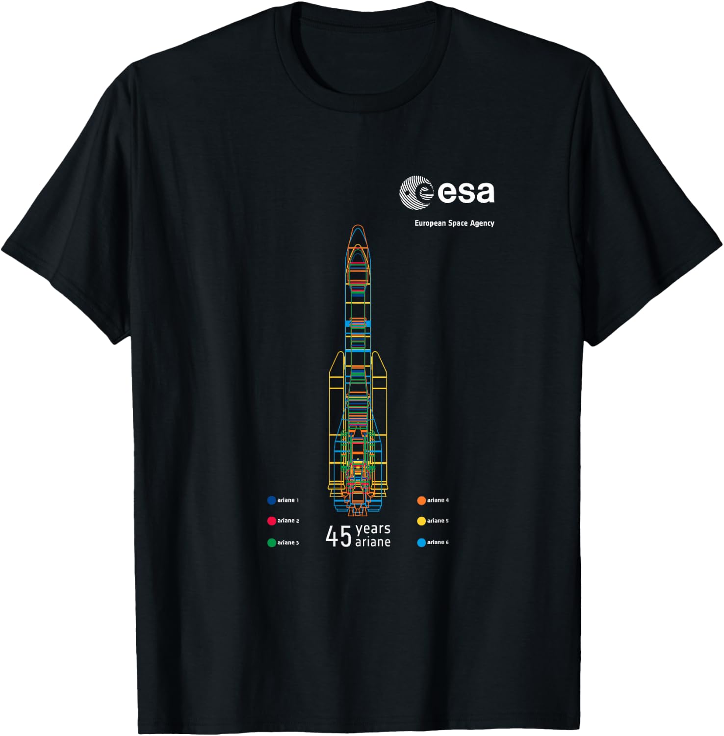 ESA European Space Agency 45 years Ariane 1-6 Rocket 1979-2024 T-Shirt - T-Shirt | Black