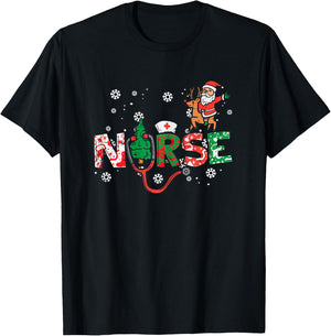 Nurse Christmas Santa Cute Xmas Winter Scrub Top Women T-Shirt - T-Shirt | Black