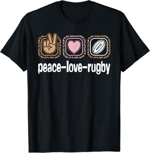 Rugby Player Leopard Print Women Girls Kids Peace Love Rugby T-Shirt - T-Shirt | Black