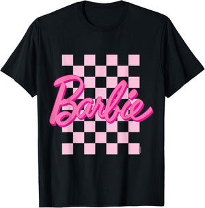 Barbie - Barbie Logo Plaid Background , black T-Shirt - T-Shirt | Black