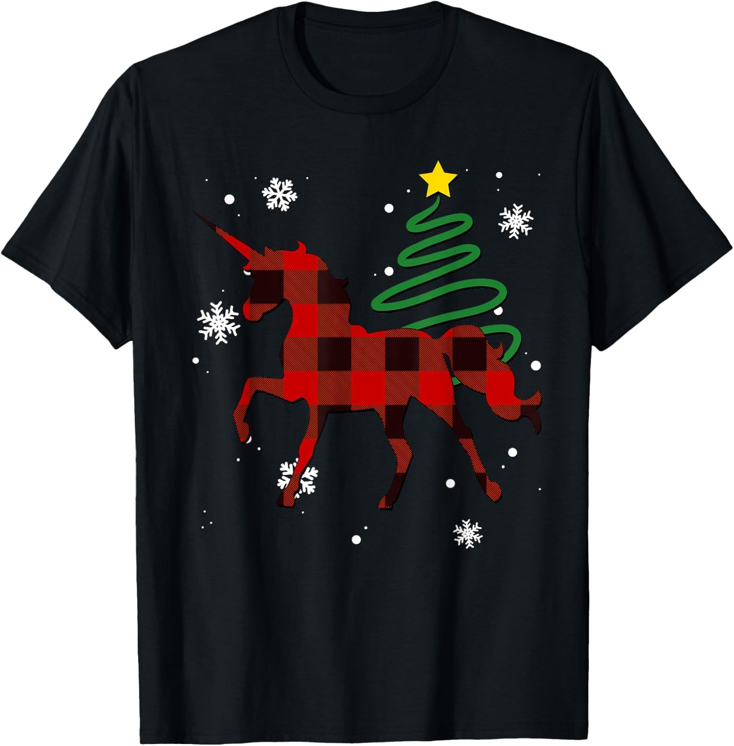 Red Plaid Unicorn Buffalo Magical Family Pyjama Christmas T-Shirt - T-Shirt | Black