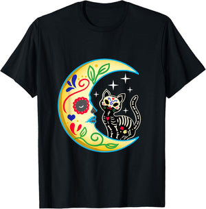 Cat & Moon Sugar Skull Dia de Los Muertos Day of The Dead Men Women Girls Kids T-Shirt - T-Shirt | Black