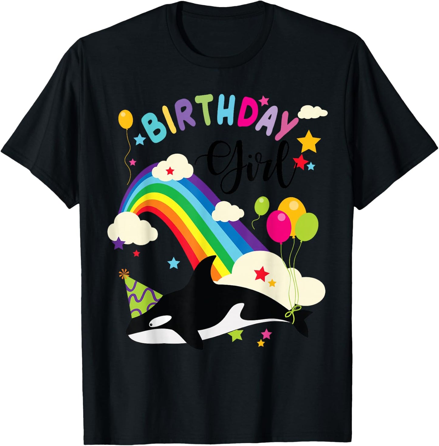 Cute Birthday Girl Orca Lovers & Killer Whale Lovers Rainbow T-Shirt - T-Shirt | Black