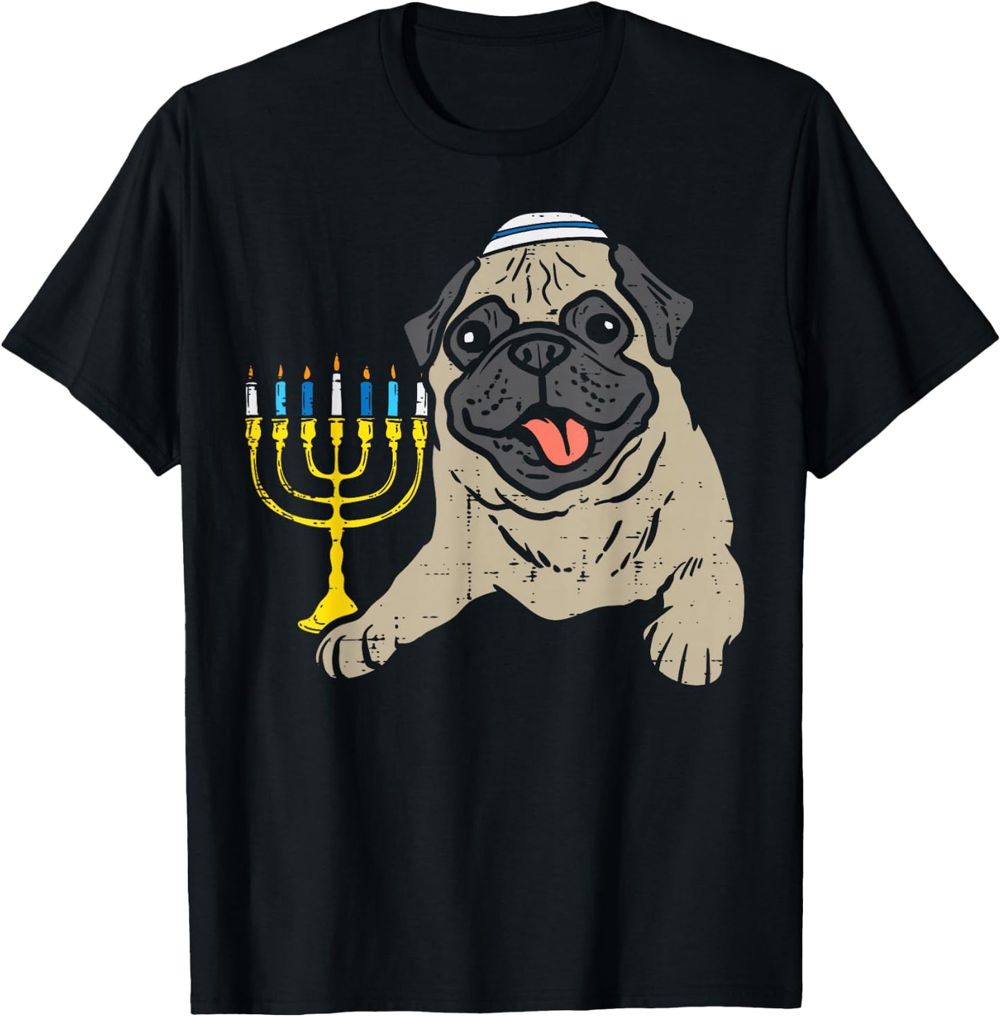 Jewish Pug Dog Menorah Hanukkah Pajamas Chanukah PJs T-Shirt - T-Shirt | Black
