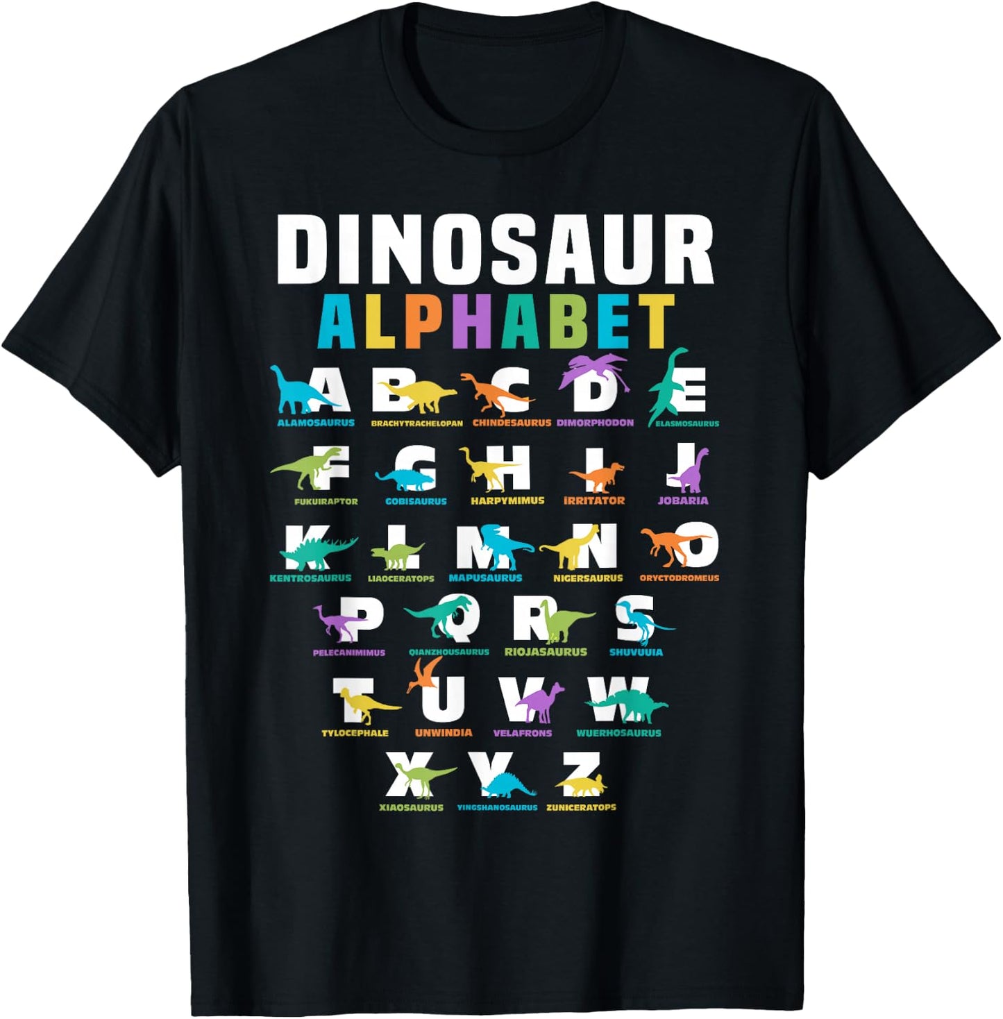 Types Of Dinosaurs Alphabet ABC Dino Identification T-Shirt - T-Shirt | Black