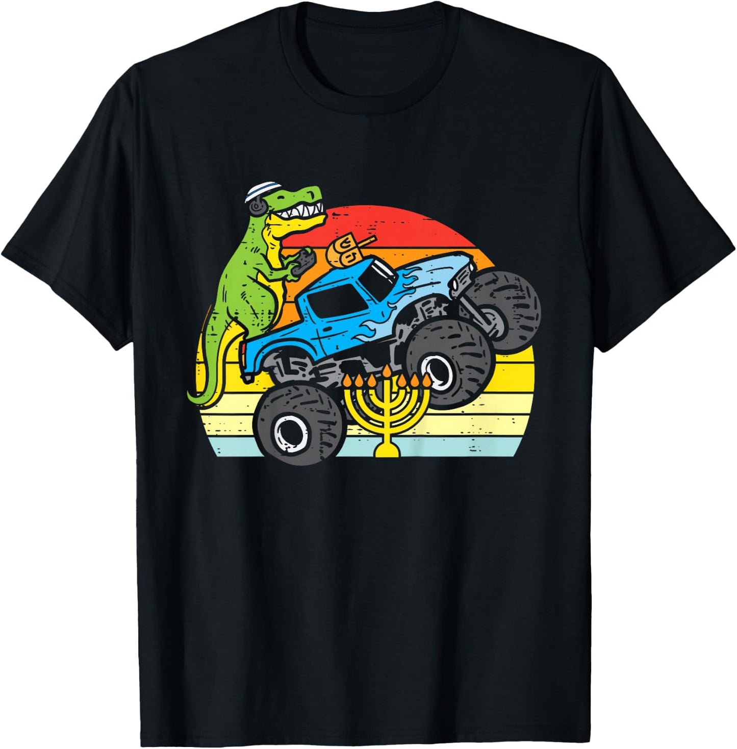 Kids Trex Dino Monster Truck Menorah Boys Hanukkah Toddler Kids T-Shirt - T-Shirt | Black