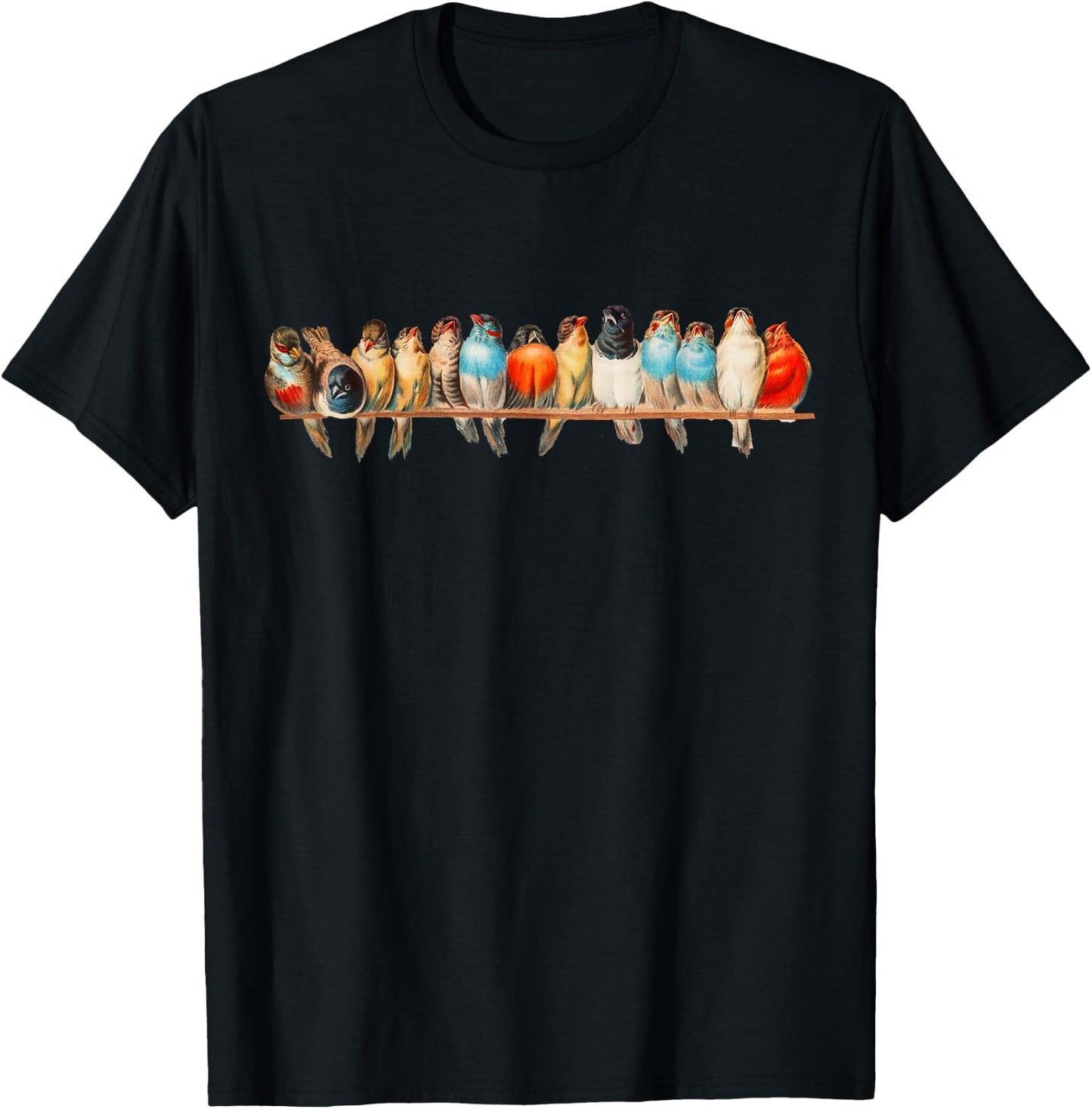 Cute Birds on a Wire Vintage Illustration T-Shirt - T-Shirt | Black