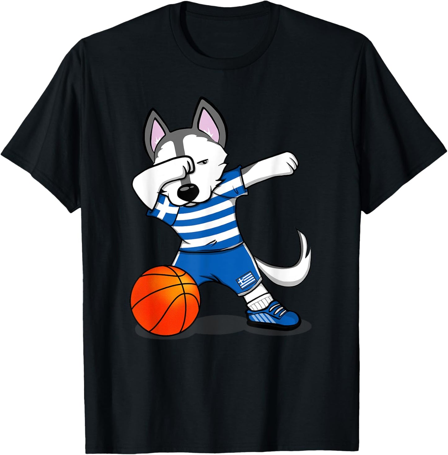 Dabbing Husky Dog Greece Basketball Fans Jersey - Greek Flag Men Women Girls Kids T-Shirt - T-Shirt | Black