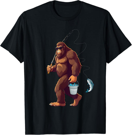 Bigfoot Fishing Funny Retro Sasquatch Fisherman Dad Men Kids T-Shirt - T-Shirt | Black