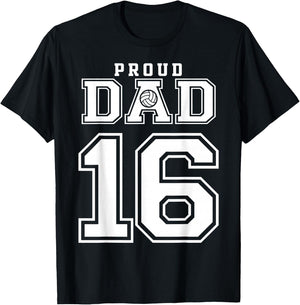 Custom Proud Volleyball Dad Number 16 Personalized T-Shirt - T-Shirt | Black