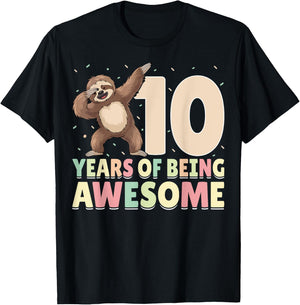 10th Birthday Dabbing Sloth - 10 Years Of Being Awesome T-Shirt - T-Shirt | Black