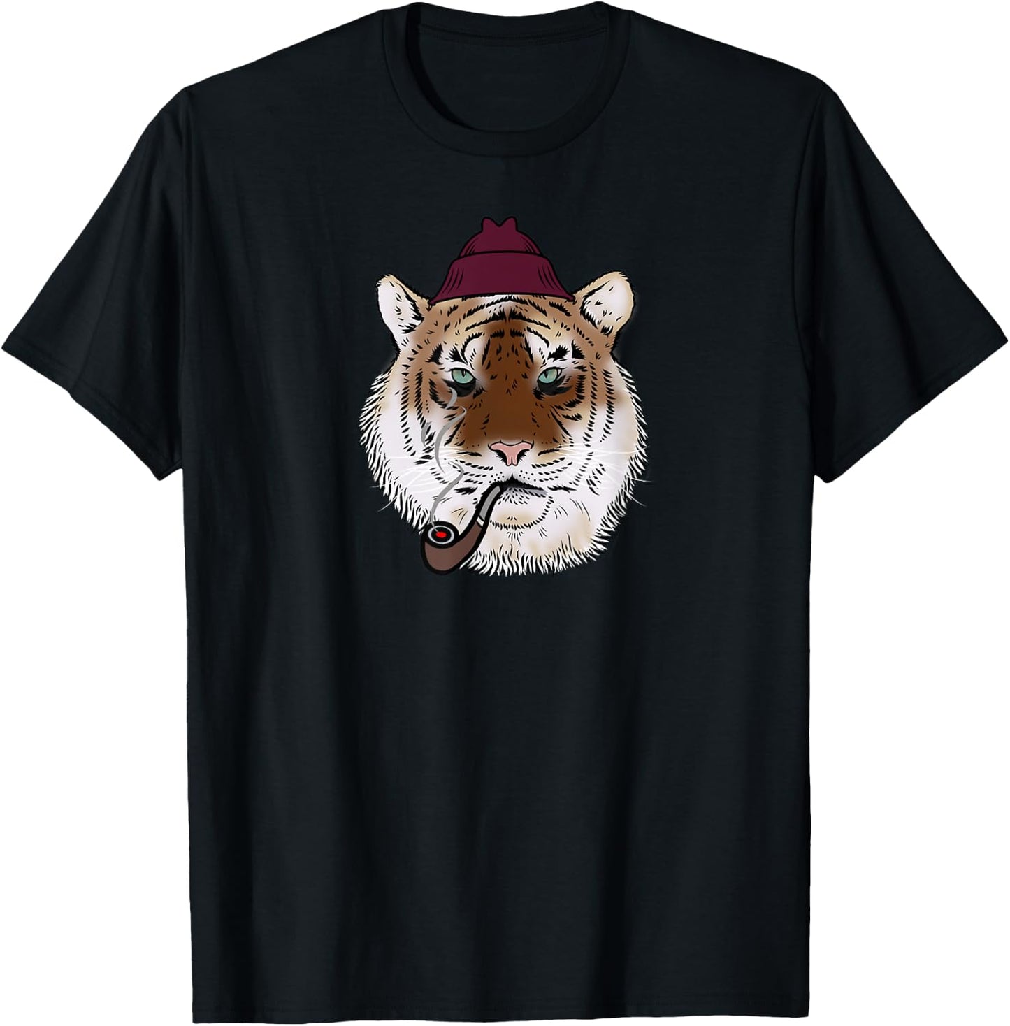 Tiger head face with a hat smoking a pipe cool big cat love T-Shirt - T-Shirt | Black