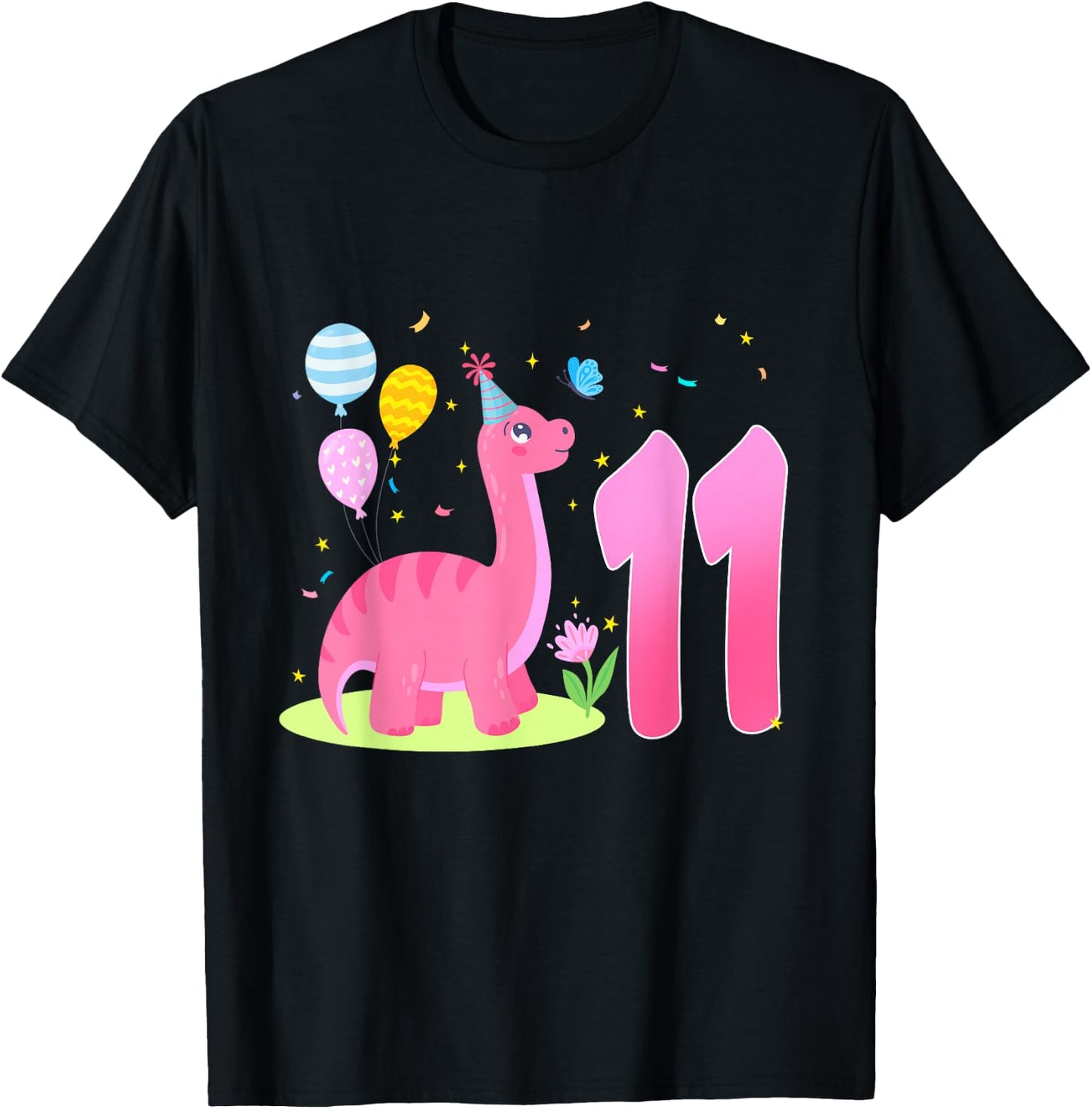 11th Birthday Girl 11 Year Old Birthday Dinosaur Party T-Shirt - T-Shirt | Black