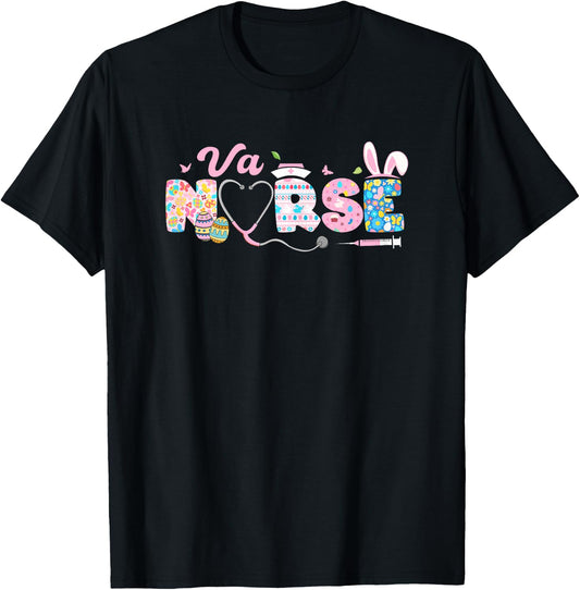 VA Nurse Easter Bunny Easter Egg Stethoscope Nurse Easter T-Shirt - T-Shirt | Black