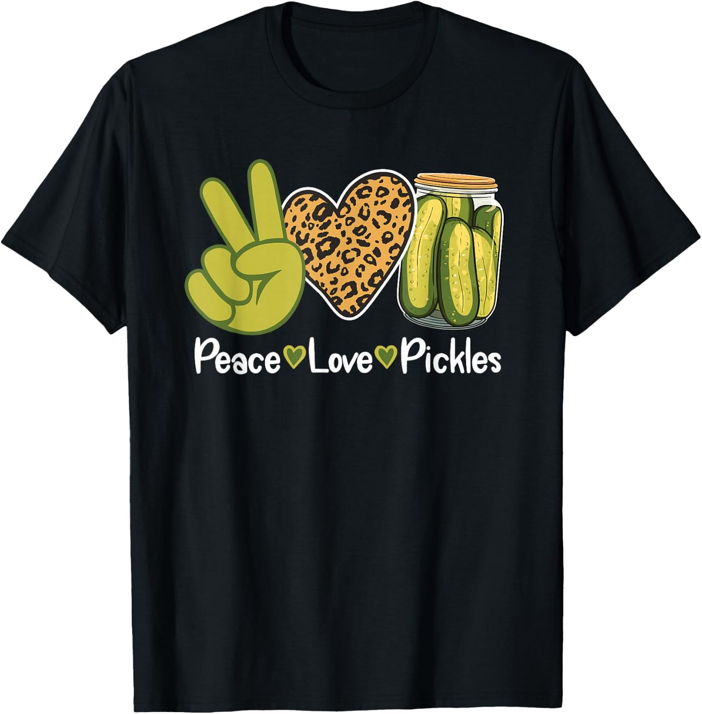 Funny Pickle Lover Leopard Print Retro Peace Love Pickles T-Shirt - T-Shirt | Black