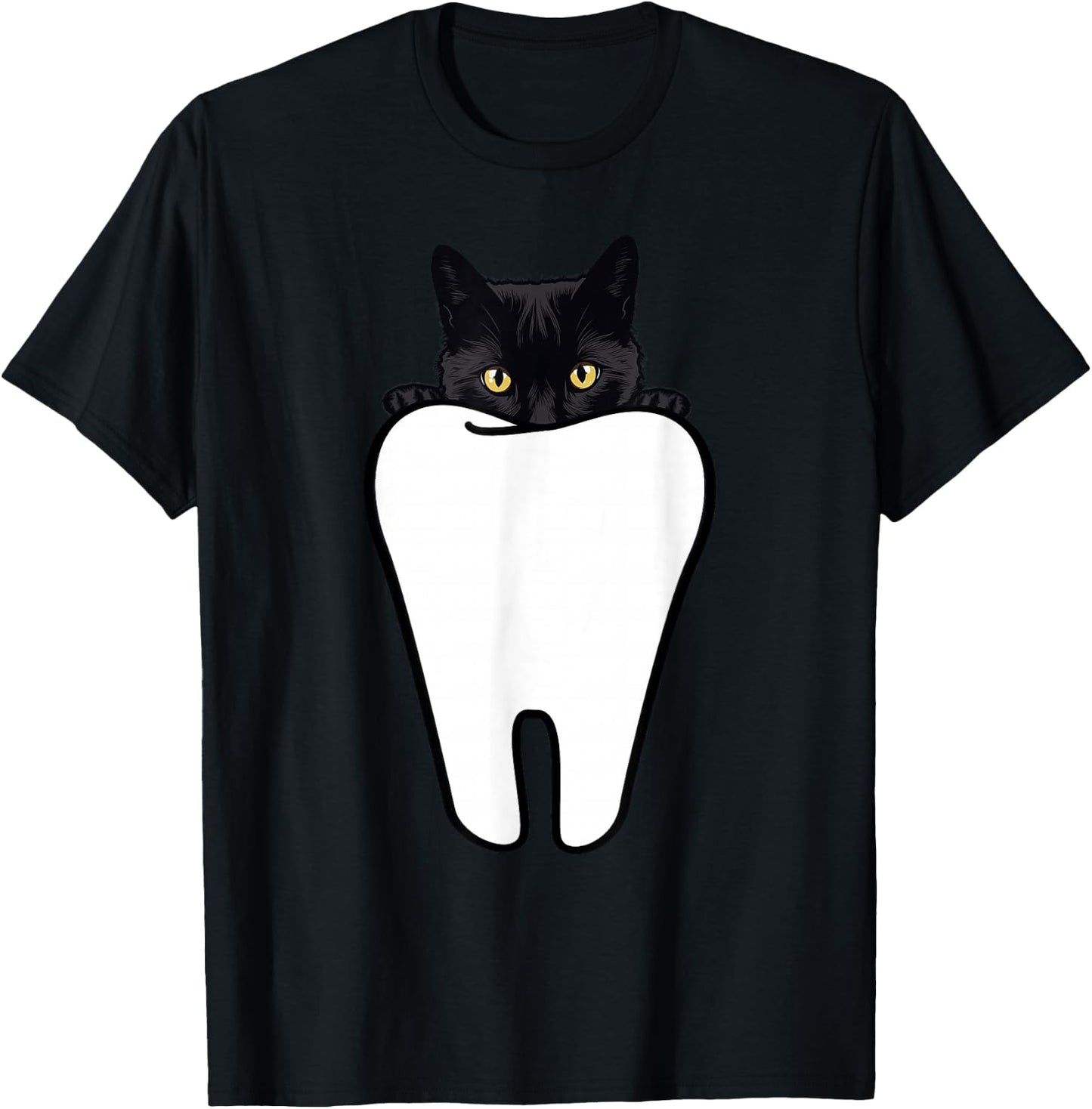Peeking Black Cat Tooth Funny Dental Halloween Dentist Treat T-Shirt - T-Shirt | Black