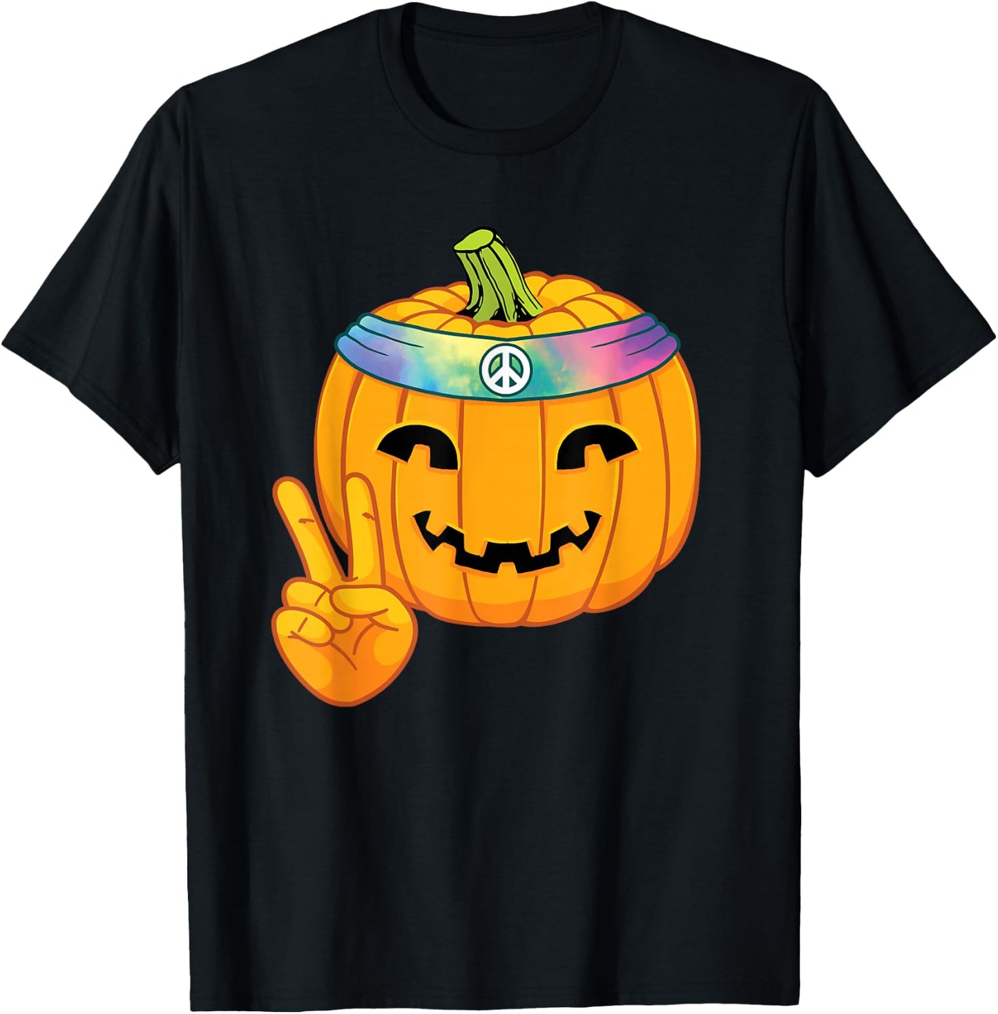 Hippie Halloween Pumpkin Peace Sign Hand Headband Tie Dye T-Shirt - T-Shirt | Black