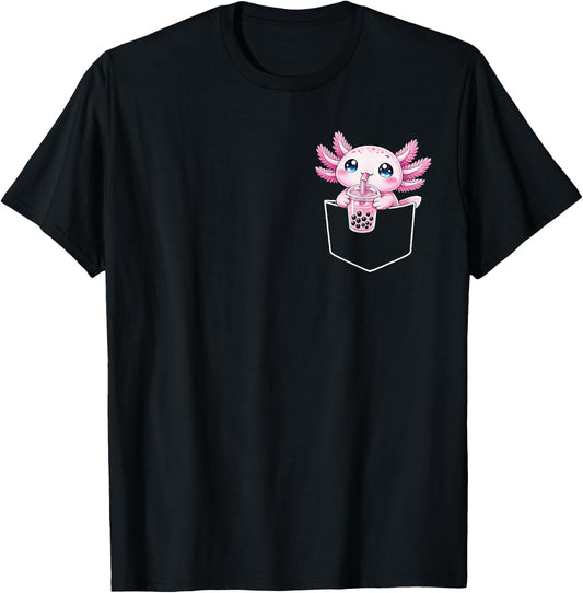Kawaii Cute Axolotl Pocket Boba Bubble Tea Women Girls Kids T-Shirt - T-Shirt | Black