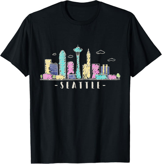 Seattle Skyline Washington PNW Vintage T-Shirt - T-Shirt | Black