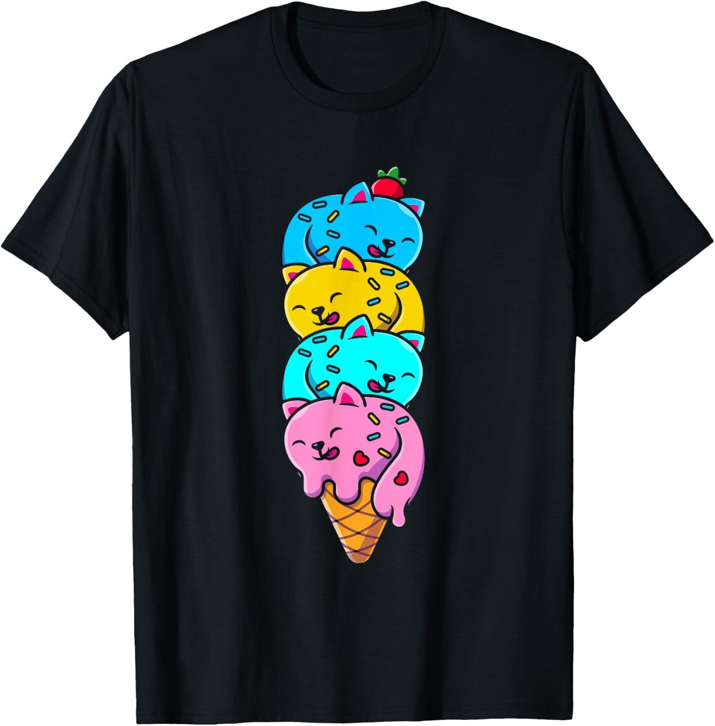 Cat Funny Cute Cat Ice Cream Woman Cute Men Kids T-Shirt - T-Shirt | Black