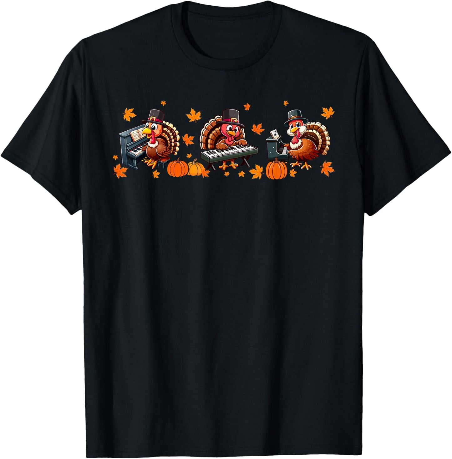 Three Thanksgiving Turkeys Playing Piano Instrumentalist T-Shirt - T-Shirt | Black