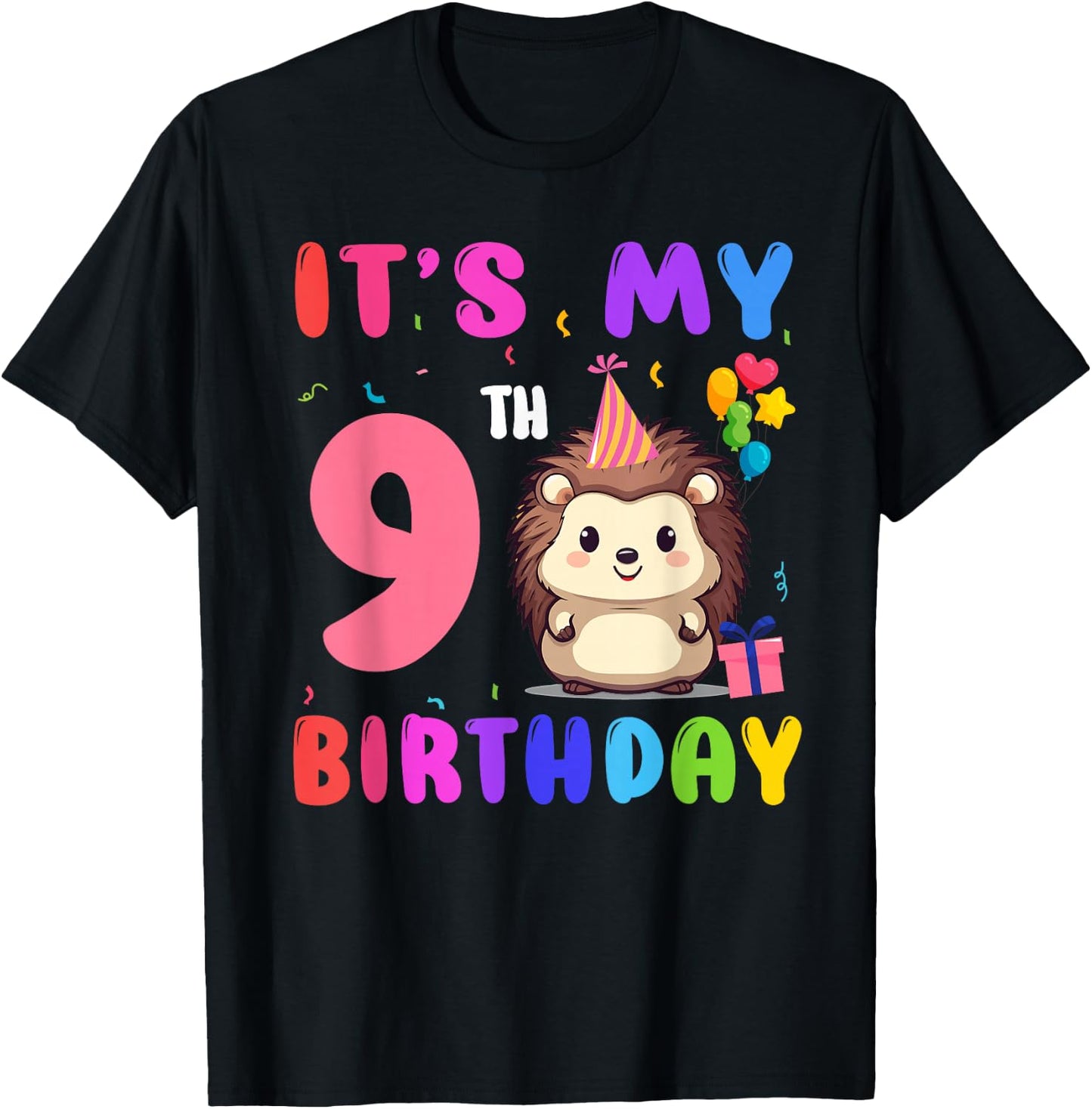 It’s My 9th Birthday Hedgehog Animal 9 Years Old Kids T-Shirt - T-Shirt | Black