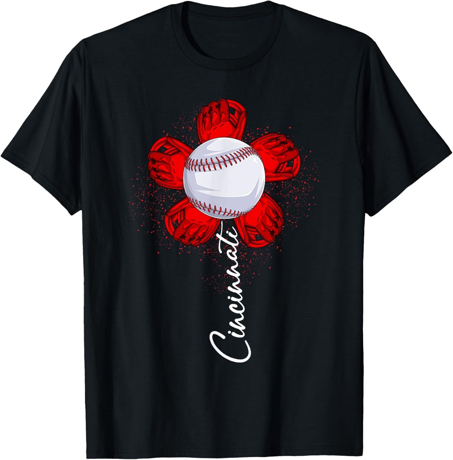 Cute Flower Cincinnati Retro Baseball Lover Game Day T-Shirt - T-Shirt | Black