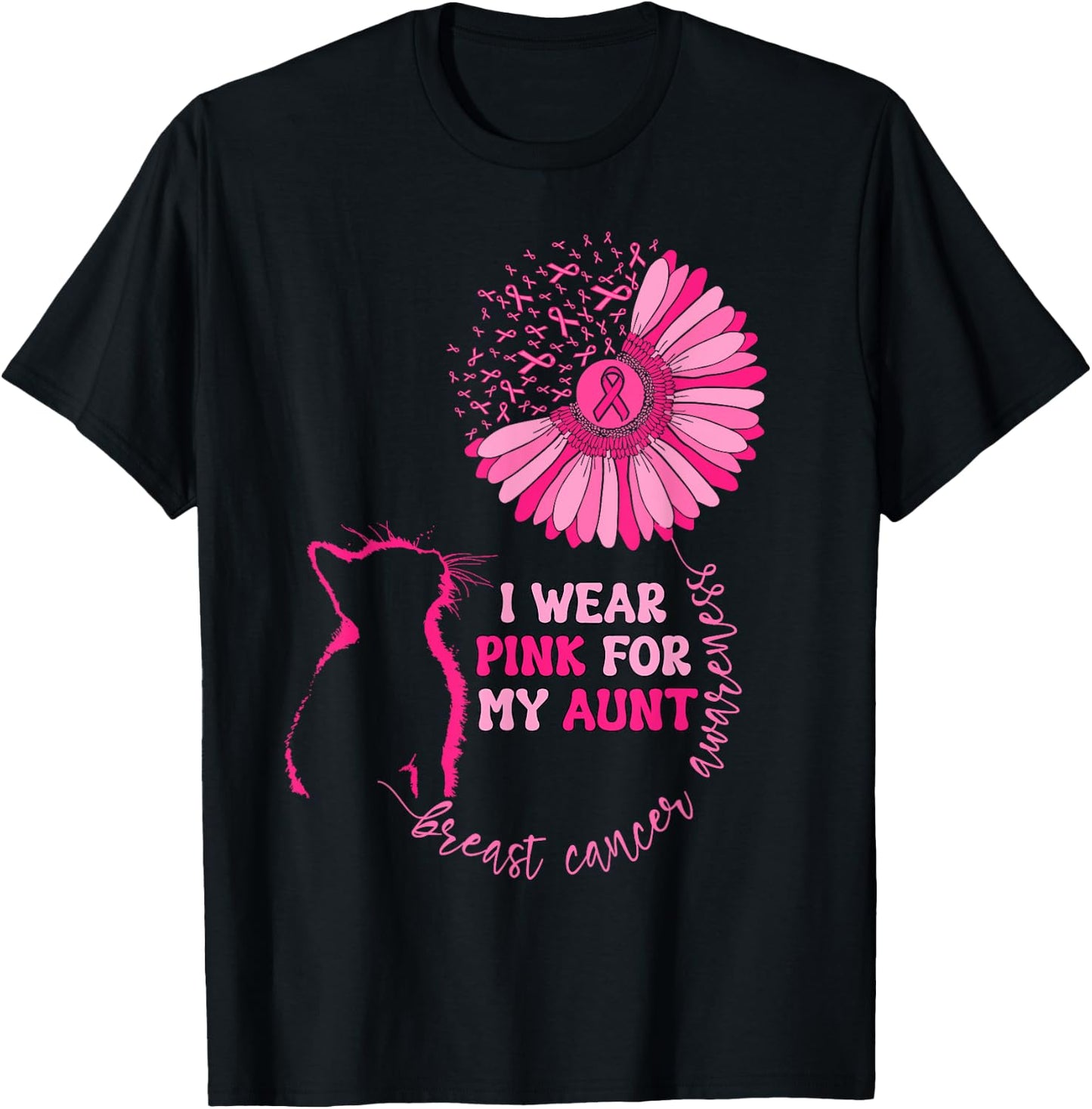 Groovy I Wear Pink For My Aunt Breast Cancer Awareness Cat Women Girls Kids T-Shirt - T-Shirt | Black