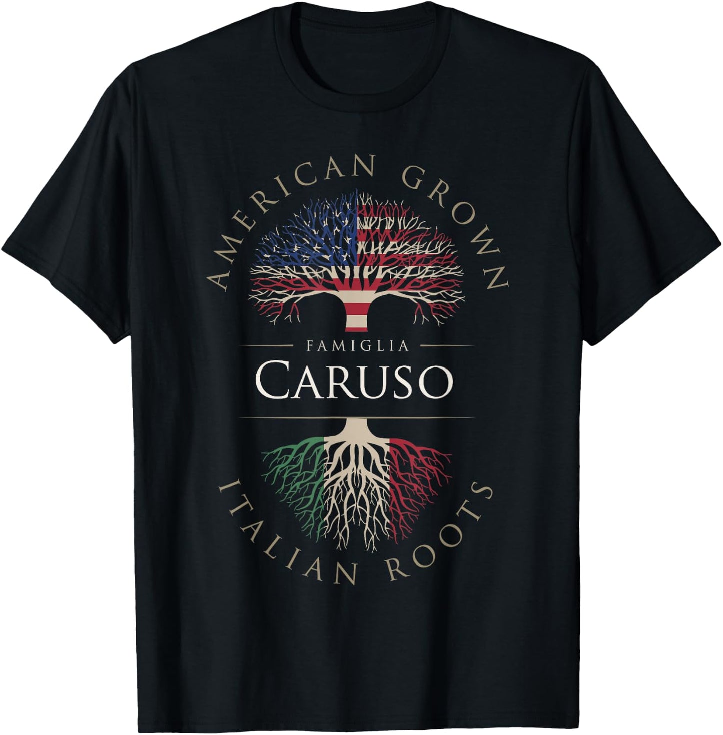 Caruso Family Name American Grown Italian Roots Italia Flag T-Shirt - T-Shirt | Black