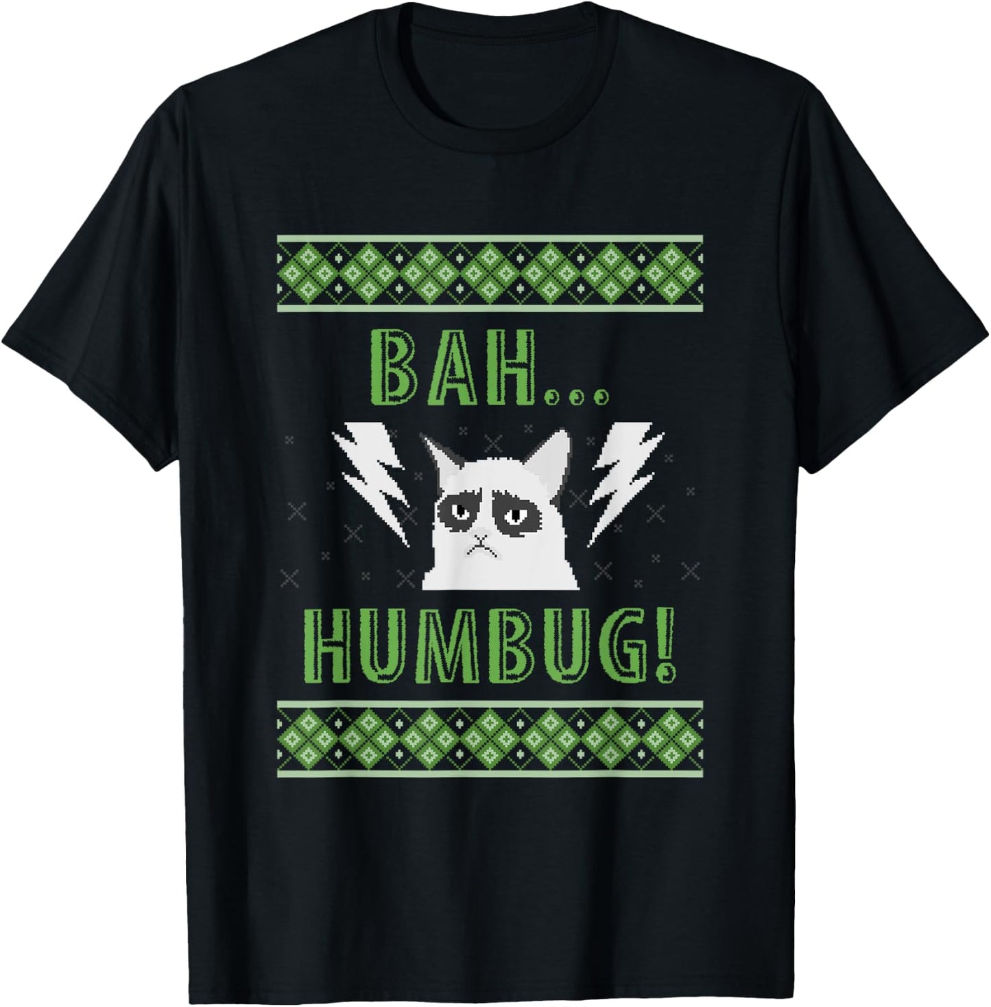 Bah Humbug Grouchy Cat Ugly Christmas Sweater Style T Shirt Women Kids T-Shirt - T-Shirt | Black