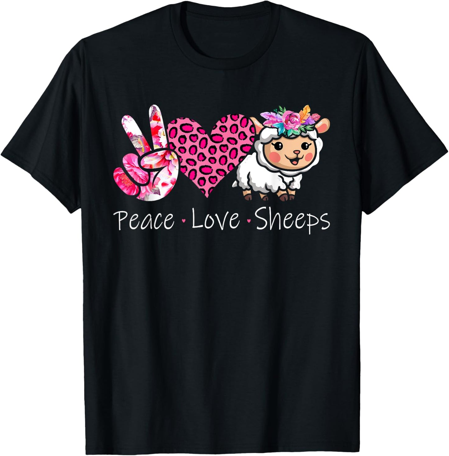 Peace Love Sheeps Peace Hand Sign Heart Floral Sheep Farmer T-Shirt - T-Shirt | Black